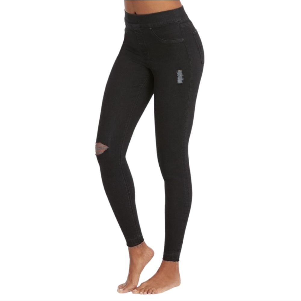 SPANX Black Wash High Waist Distressed Skinny Frayed Denim Pull-On Leggings SZ L